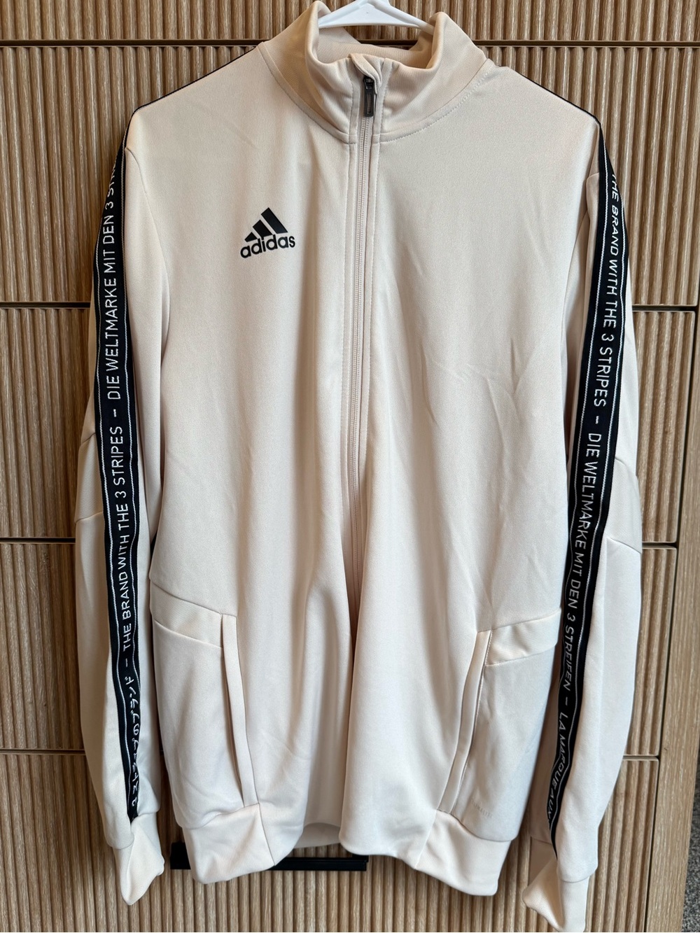 adidas Cream Full-Zip Track Jacket with Black Sleeve Stripes